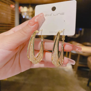 DAIIIBABYYY  -  Korean Gold Color Metal Mesh Crystal Hoop Earrings Women Fashion Jewelry Luxury Geometric Grid Big Circle Earings Femme